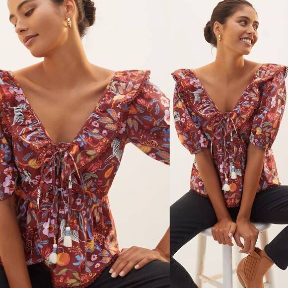 Anthropologie Maeve Ruffled Tie-Front Blouse XS NWT $108 - Picture 1 of 11